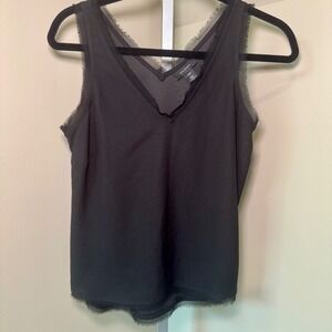 Halogen Black Sleeveless V Neck Tank Top Frayed Trim‎ XXS